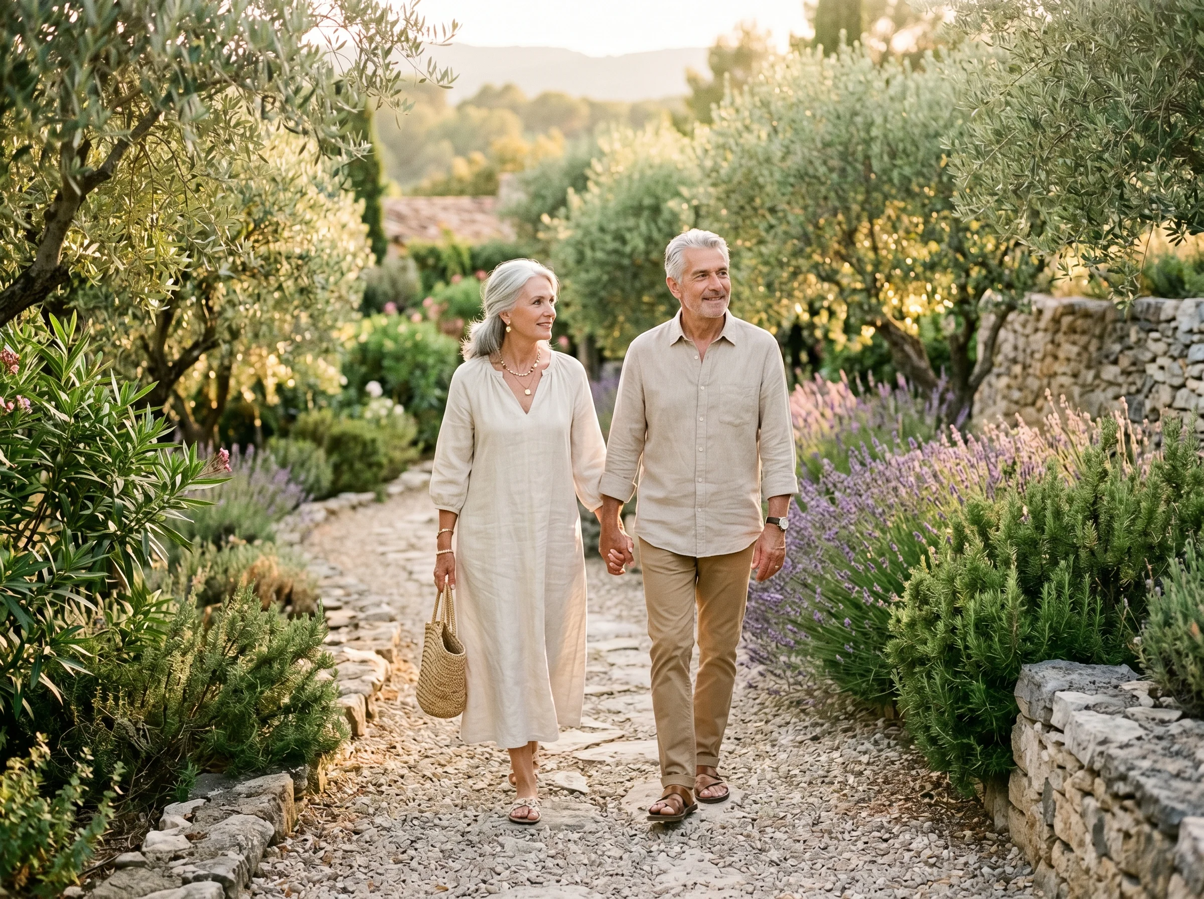 Casal idoso elegante caminhando em jardim mediterraneo na luz da tarde