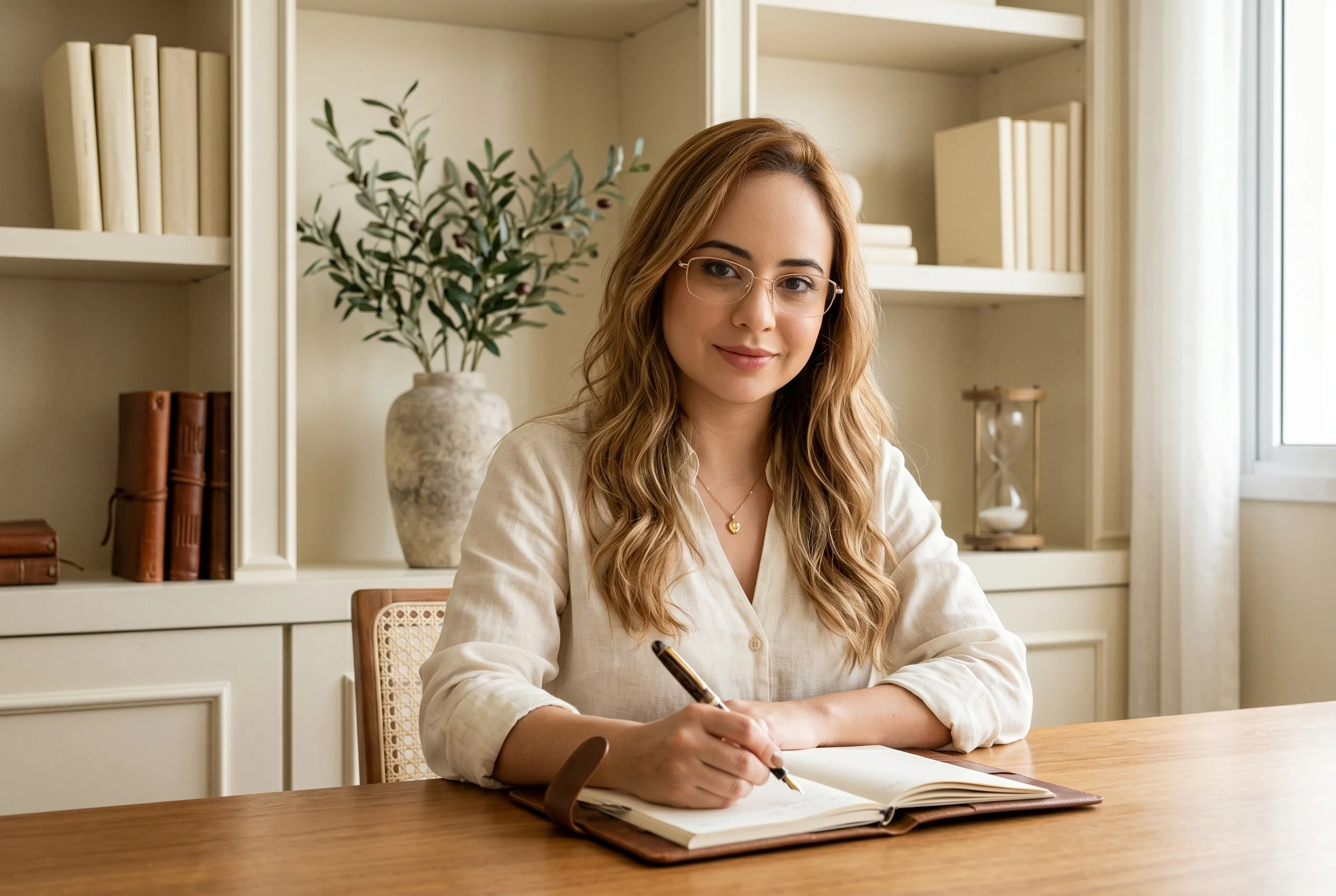 Dra. Arais Pavon em seu consultorio editorial, escrevendo no caderno