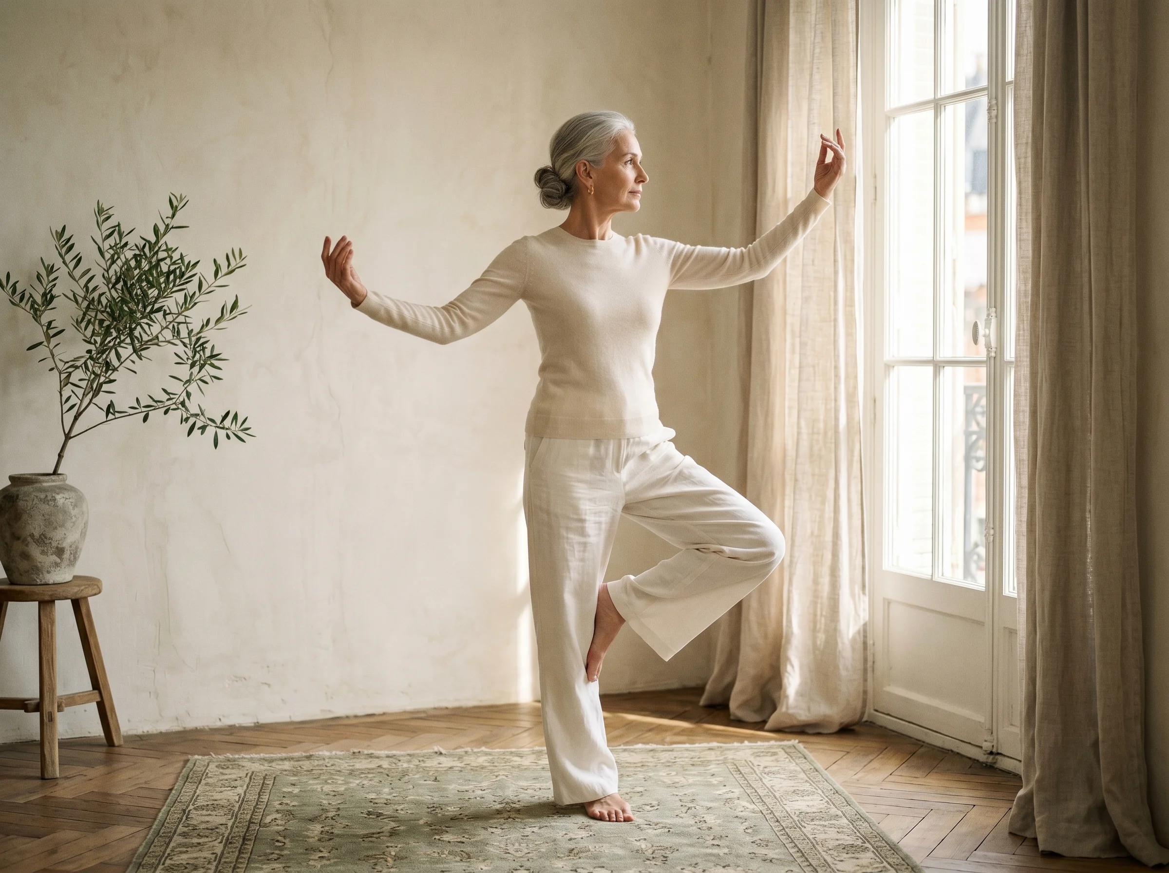 Senhora elegante em postura de equilibrio diante da janela
