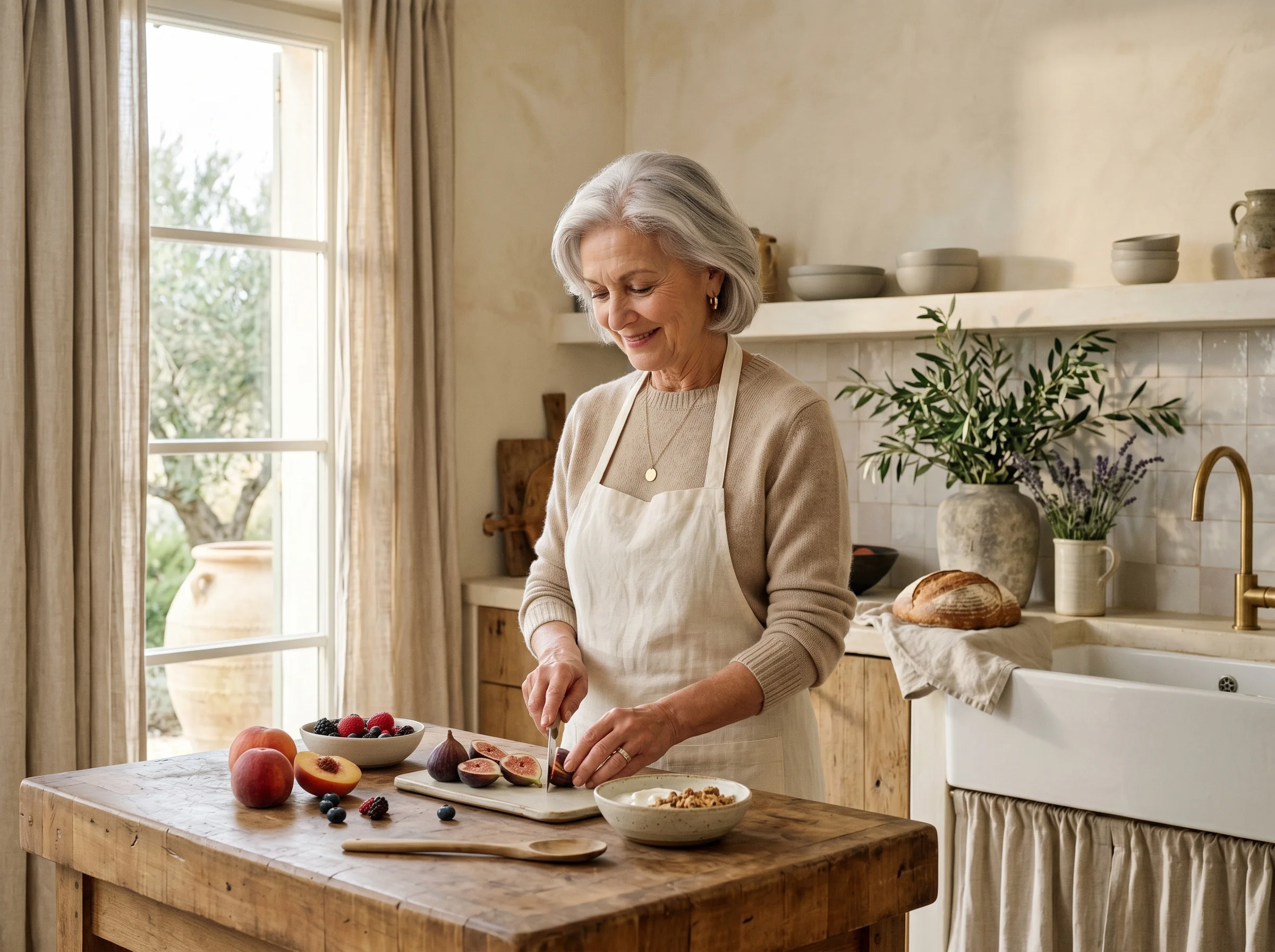 Senhora preparando refeicao com calma em cozinha mediterranea